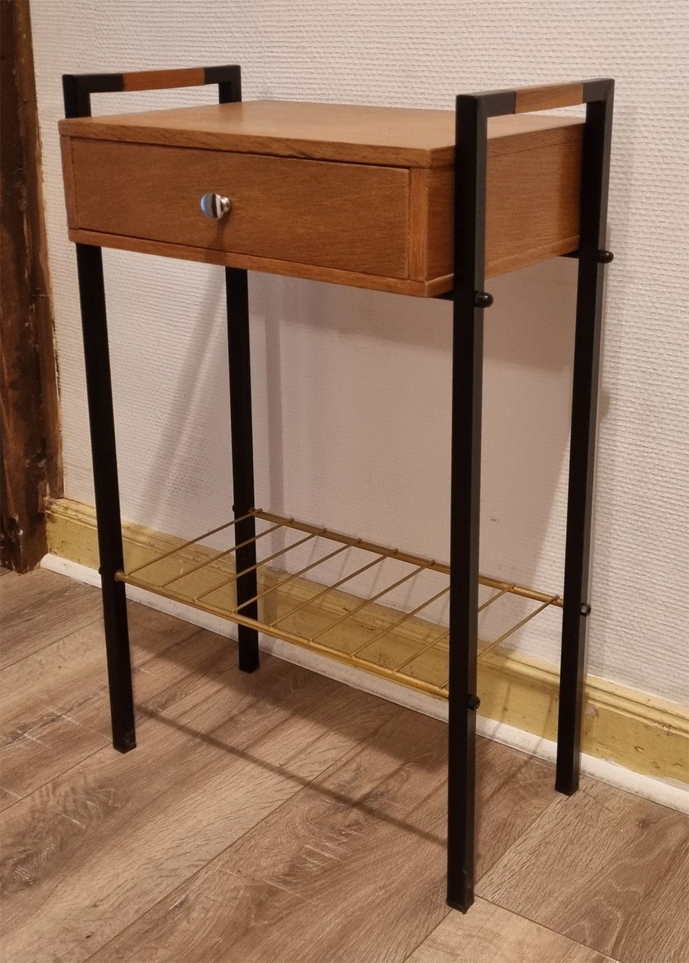 Bedside table, wood and metal, vintage, 60s
