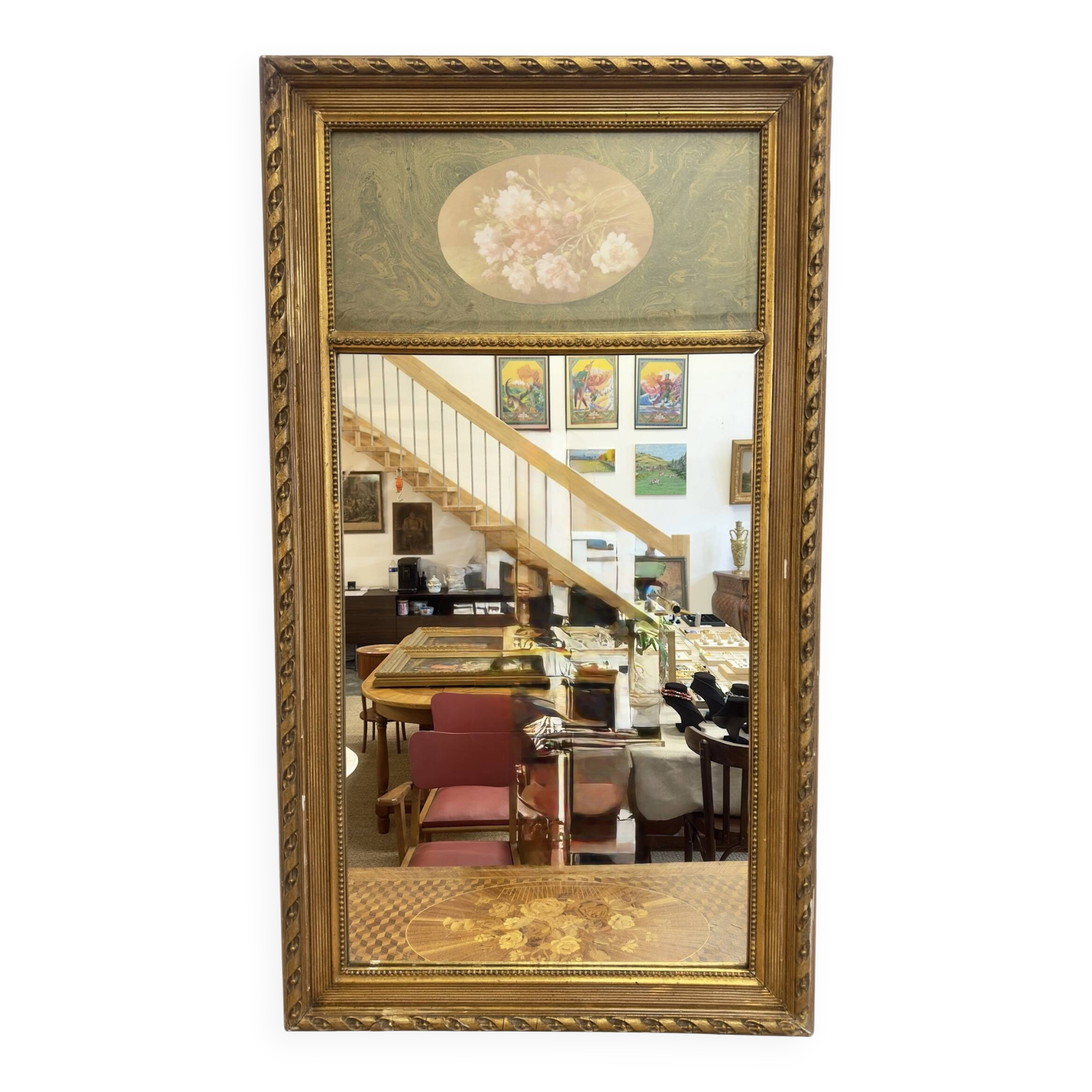 Miroir trumeau ancien en stuc doré – décor floral