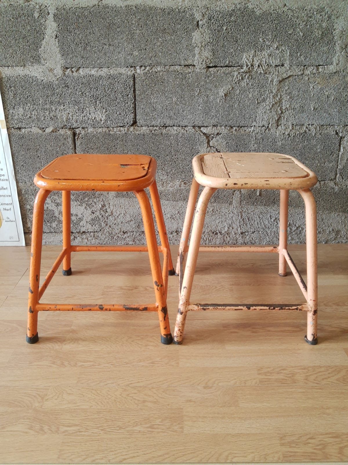 Pair of low metal stools industrial workshop - vintage