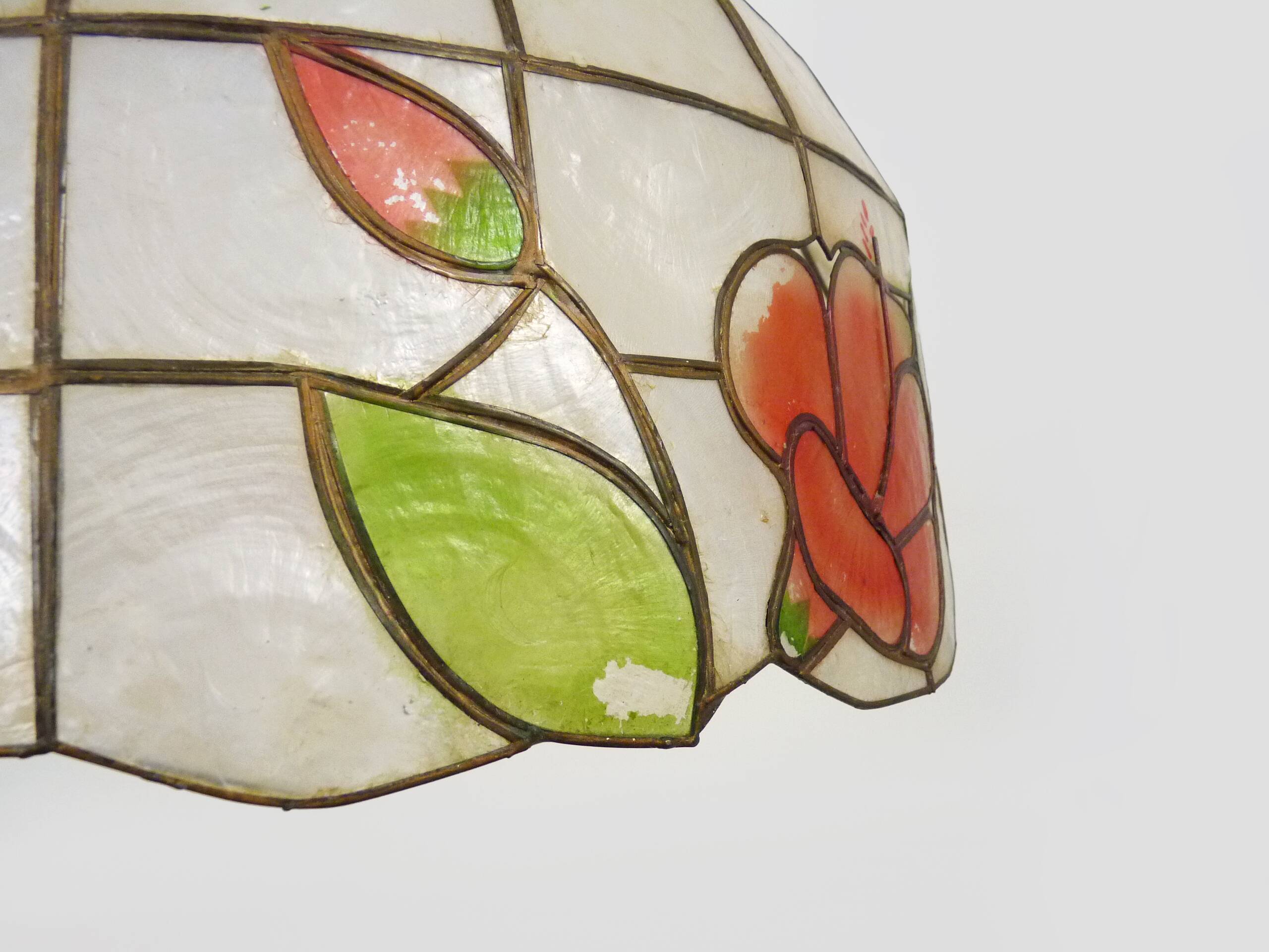 large pendant light, mother-of-pearl and brass chandelier, vintage, old light fixture. 70s