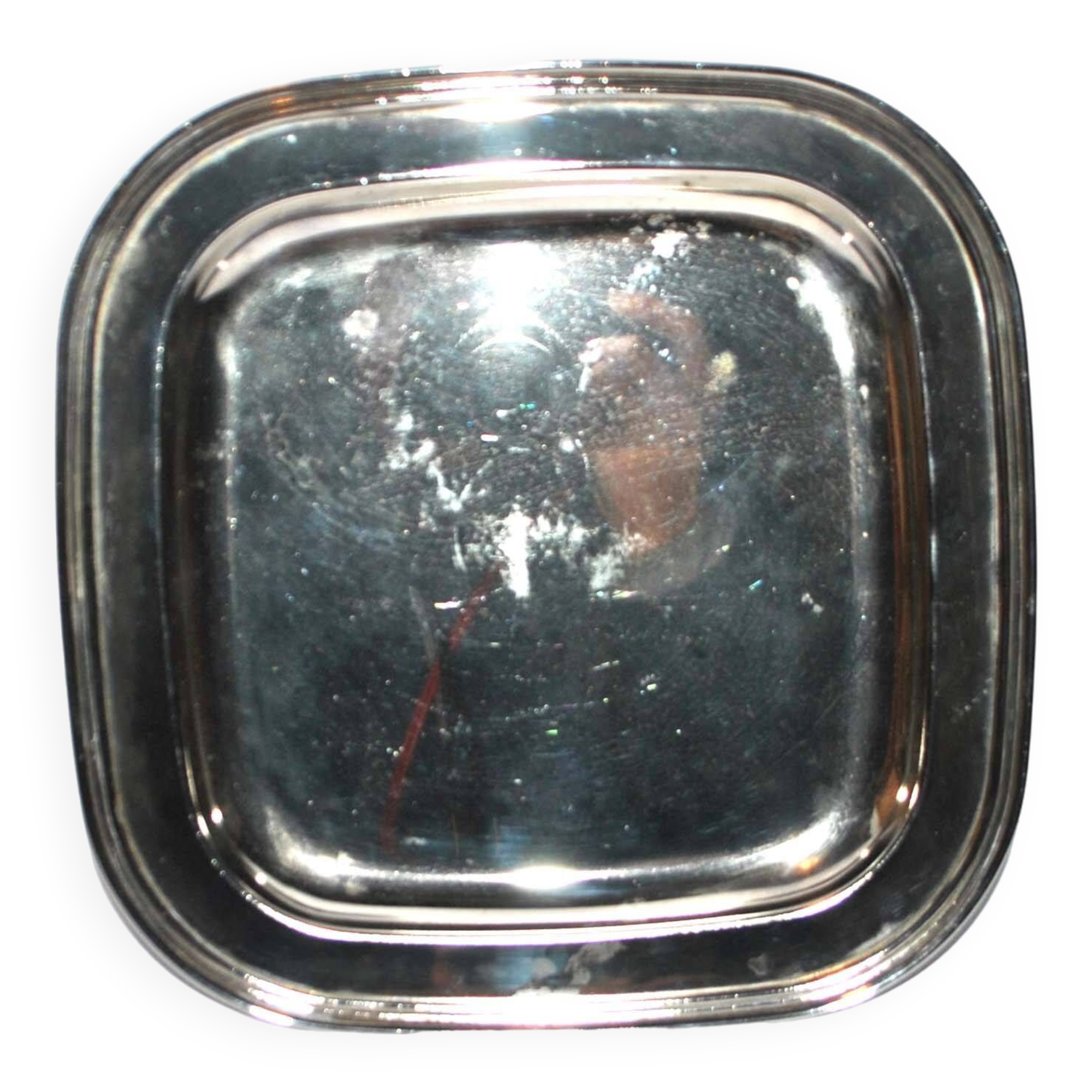 Plateau carré vintage en métal argenté - plat bordure filet 24cm