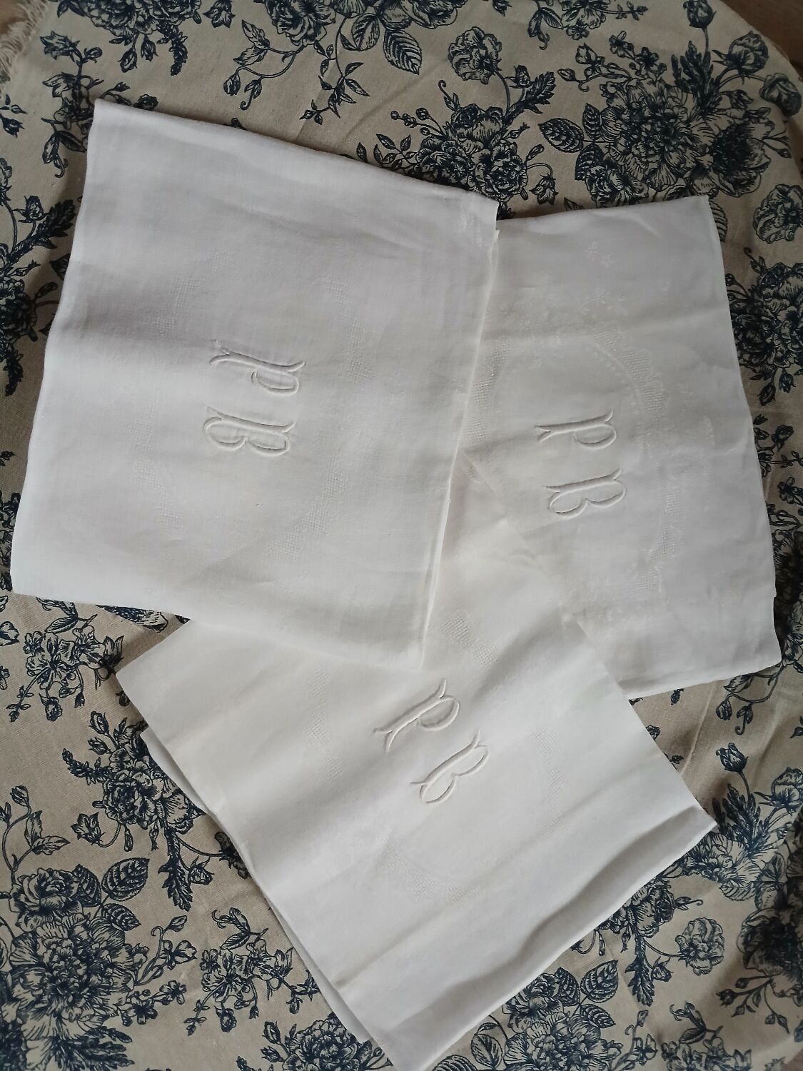 3 small antique tablecloths with embroidered initials PB