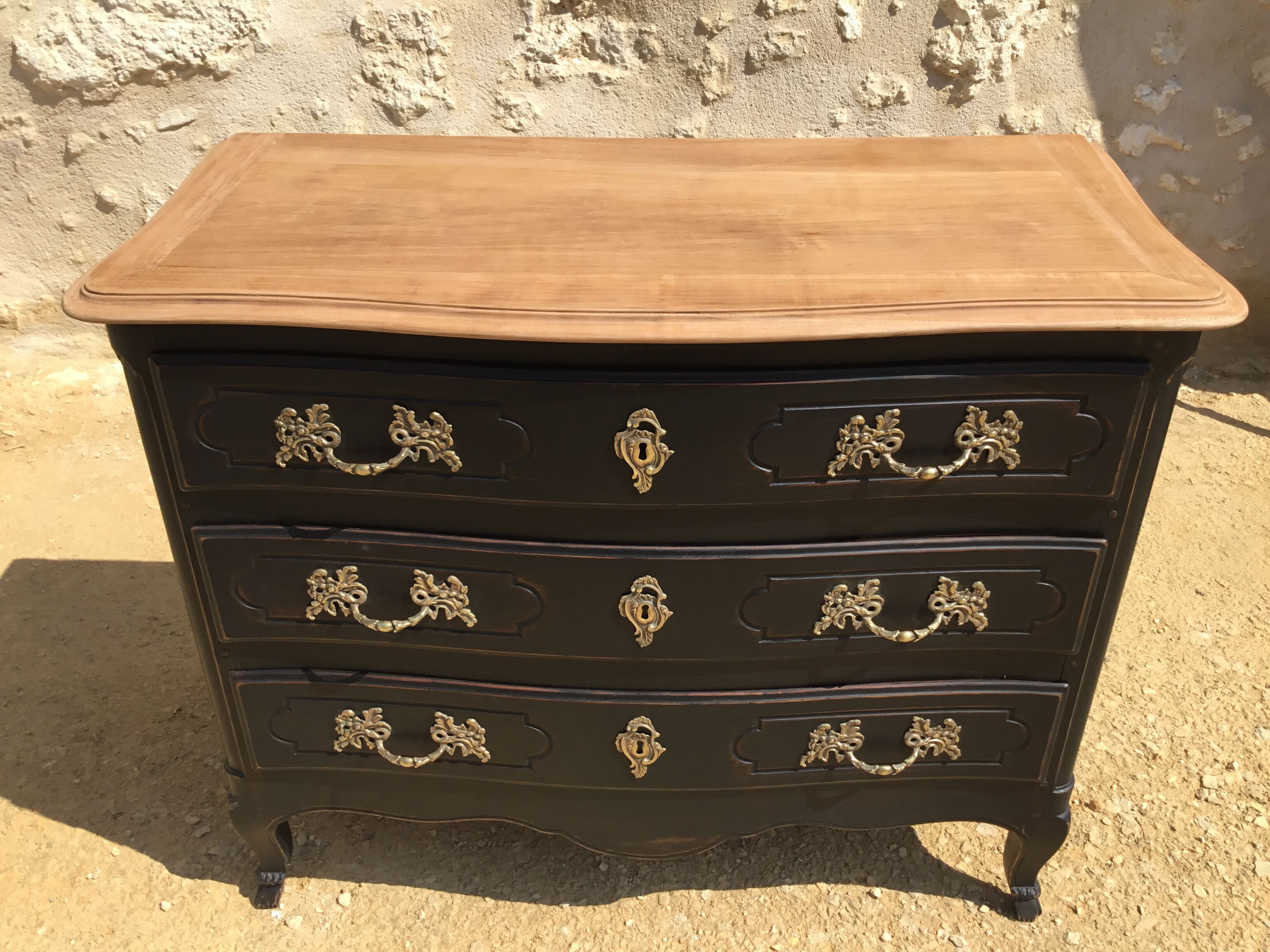 Louis XV style chest of drawers in cherry patinated in black top natural wood