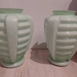 Set of two Art Deco uranium opaline skyscraper vases.