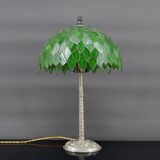 Palm lamp in silvered bronze and green stained glass foliage lampshade, Art Nouveau, 1900