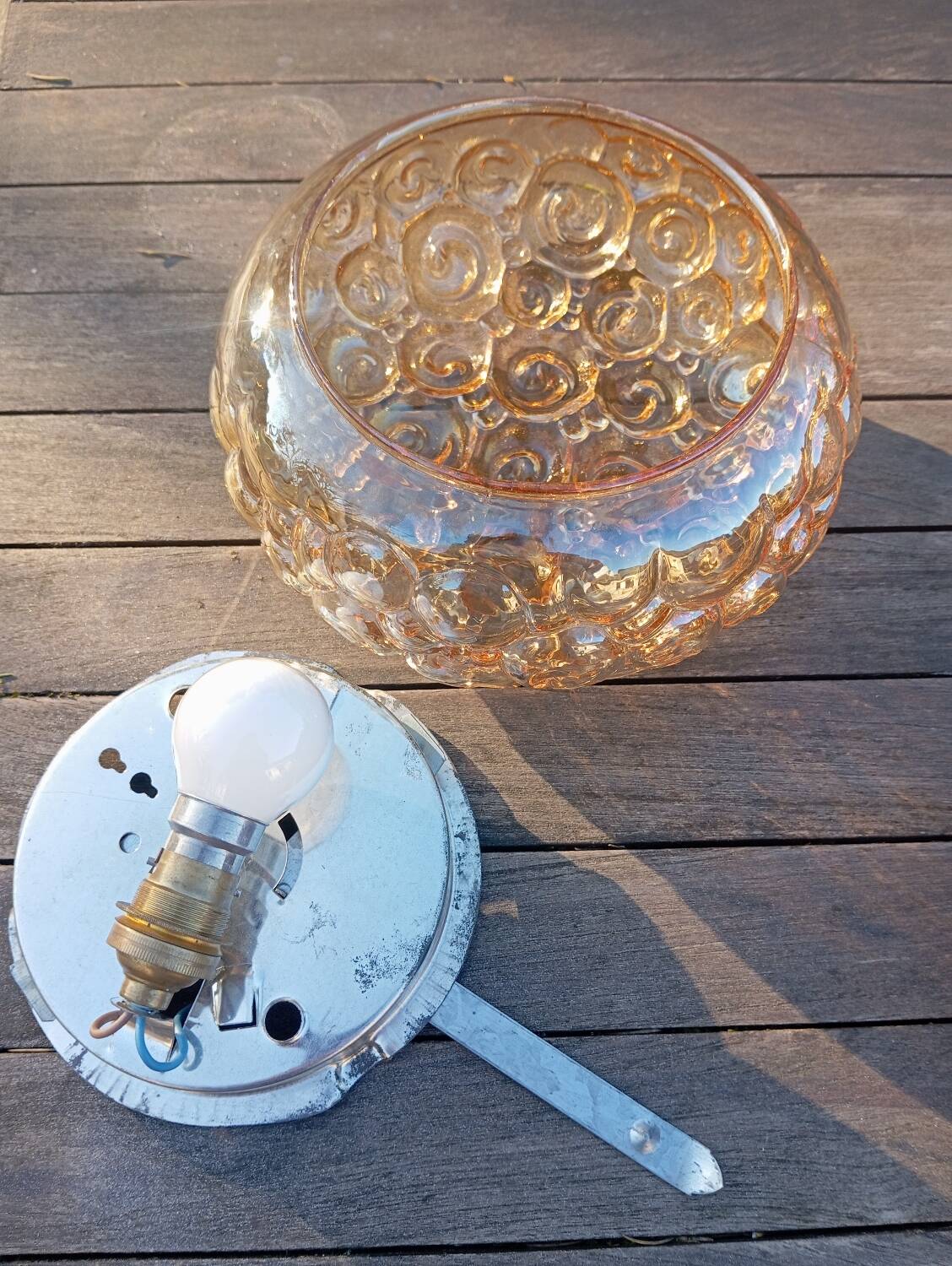 Héléna Tynell snail ceiling / wall light, iridescent amber 1960