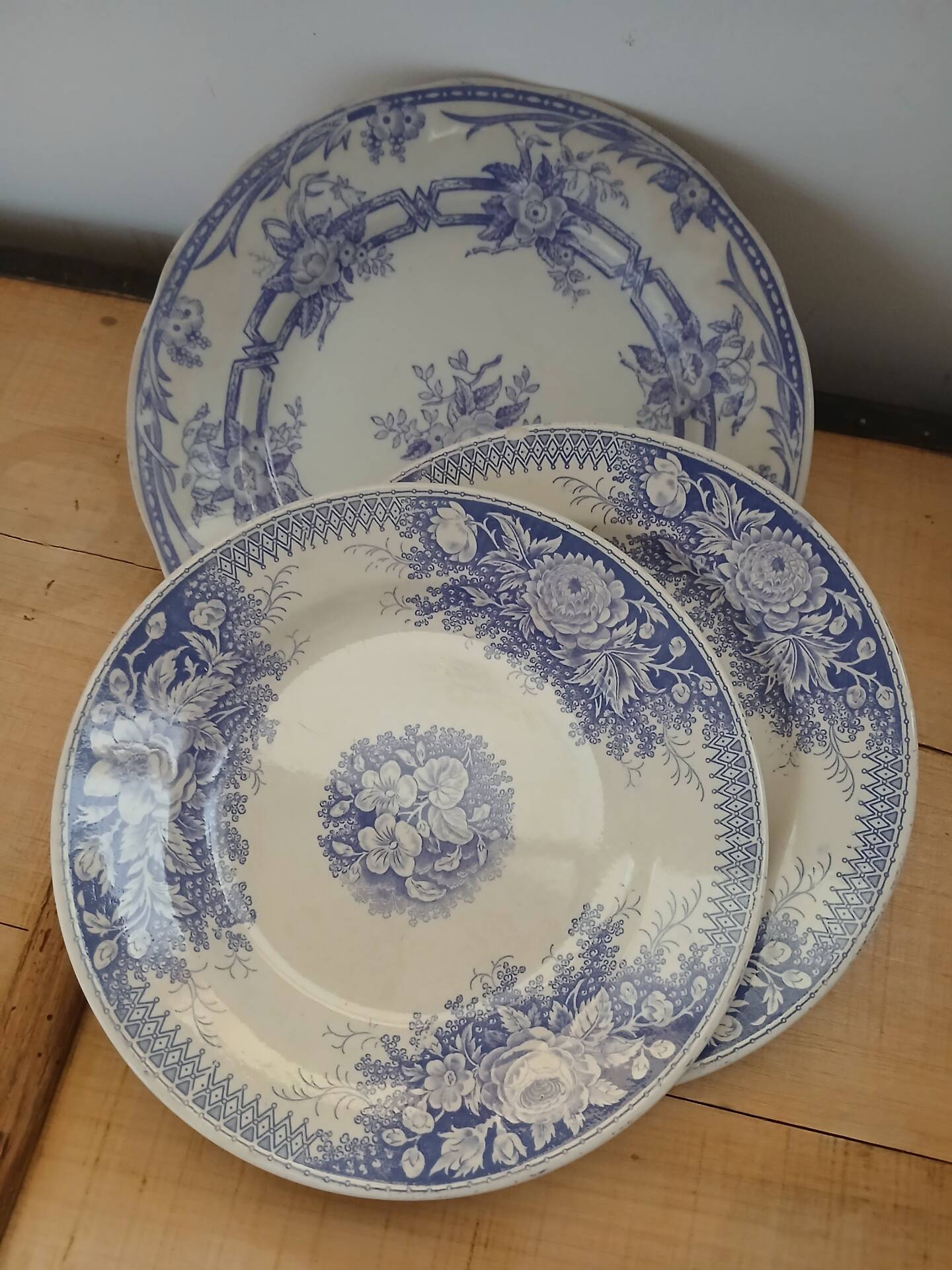 3 antique flat plates in ironstone