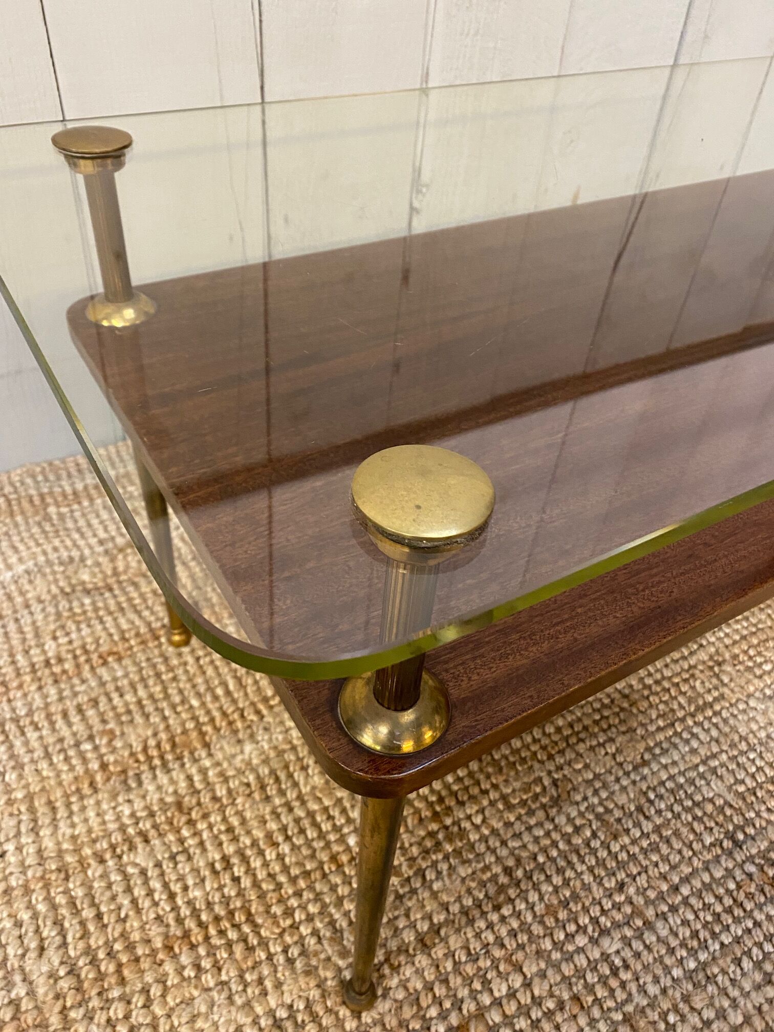 Coffee table of the 60s in glass, glass and wood top