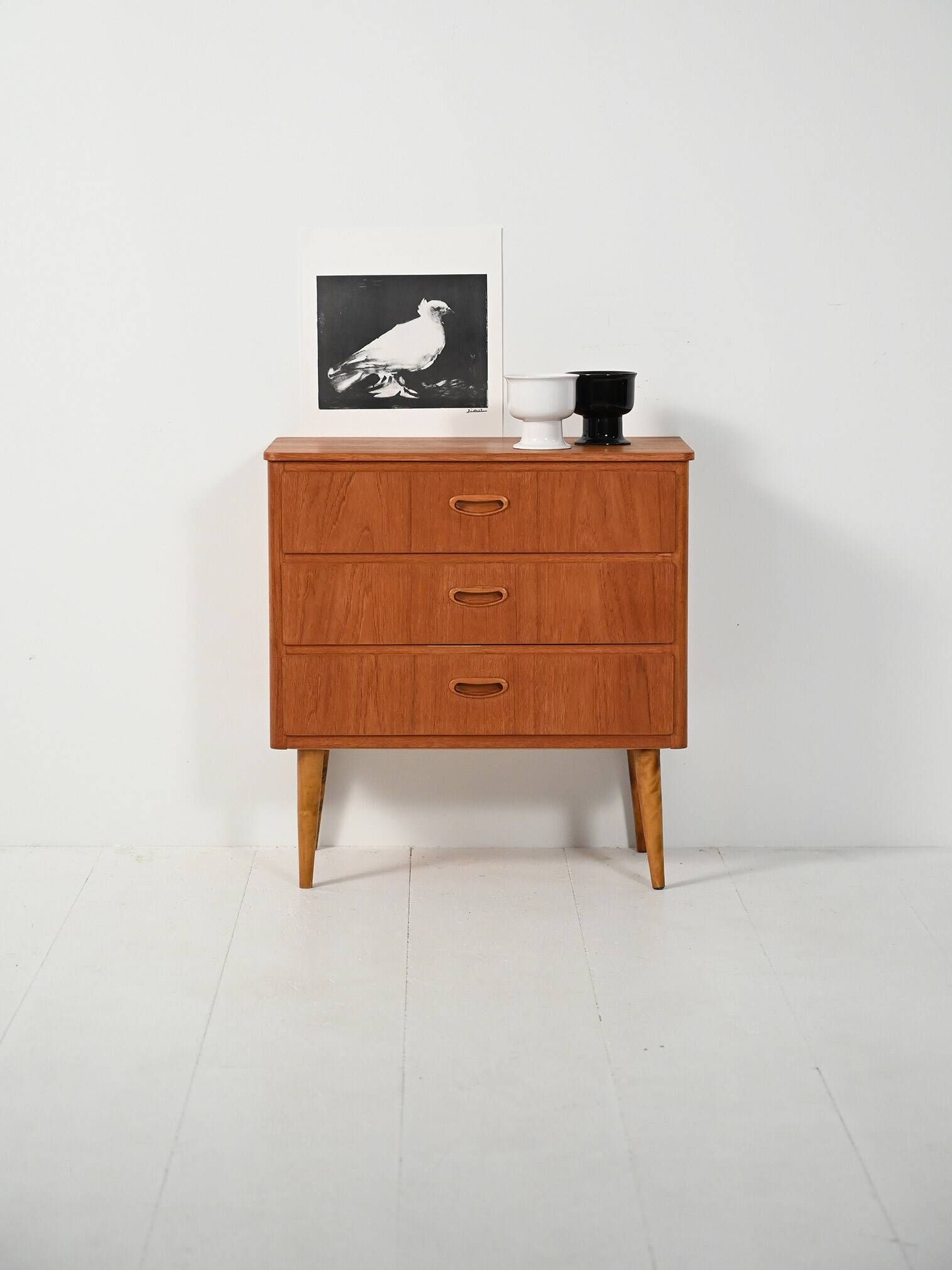 Scandinavian Chest of Drawers in teak with turned birch legs, 1950s