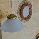 Vintage globe pendant light in smooth white opaline and gold metal