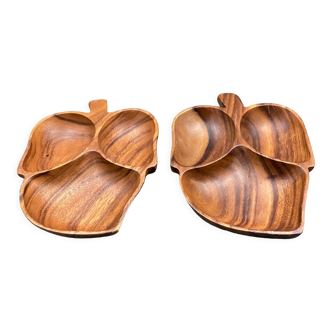 Two wooden aperitif trays Brutalist art 1970 Leaf shape