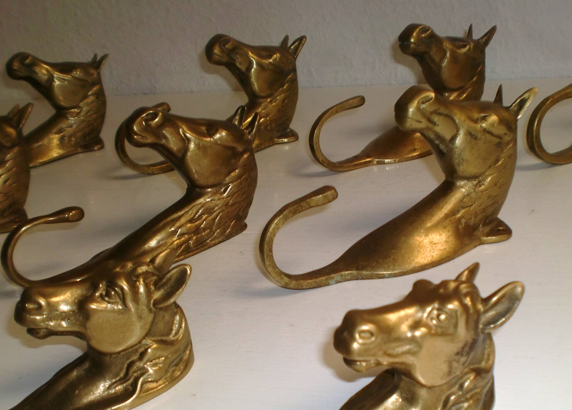 Set of 10 heavy brass horse coat rack wall hooks