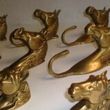 Set of 10 heavy brass horse coat rack wall hooks