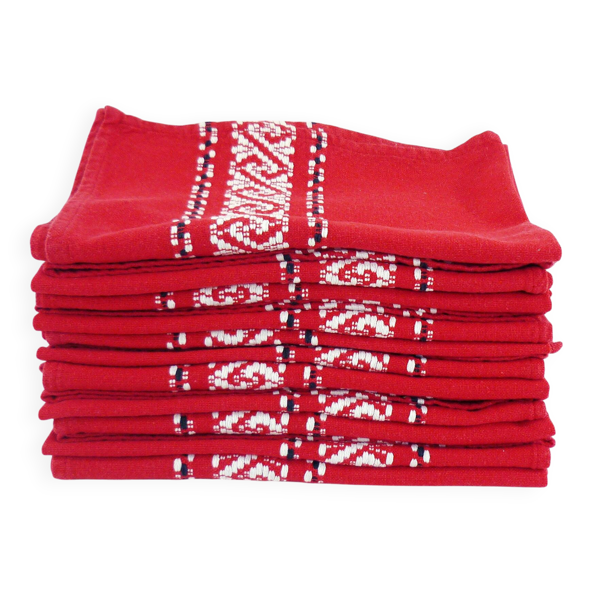 11 red cotton napkins - embroidered Basque style