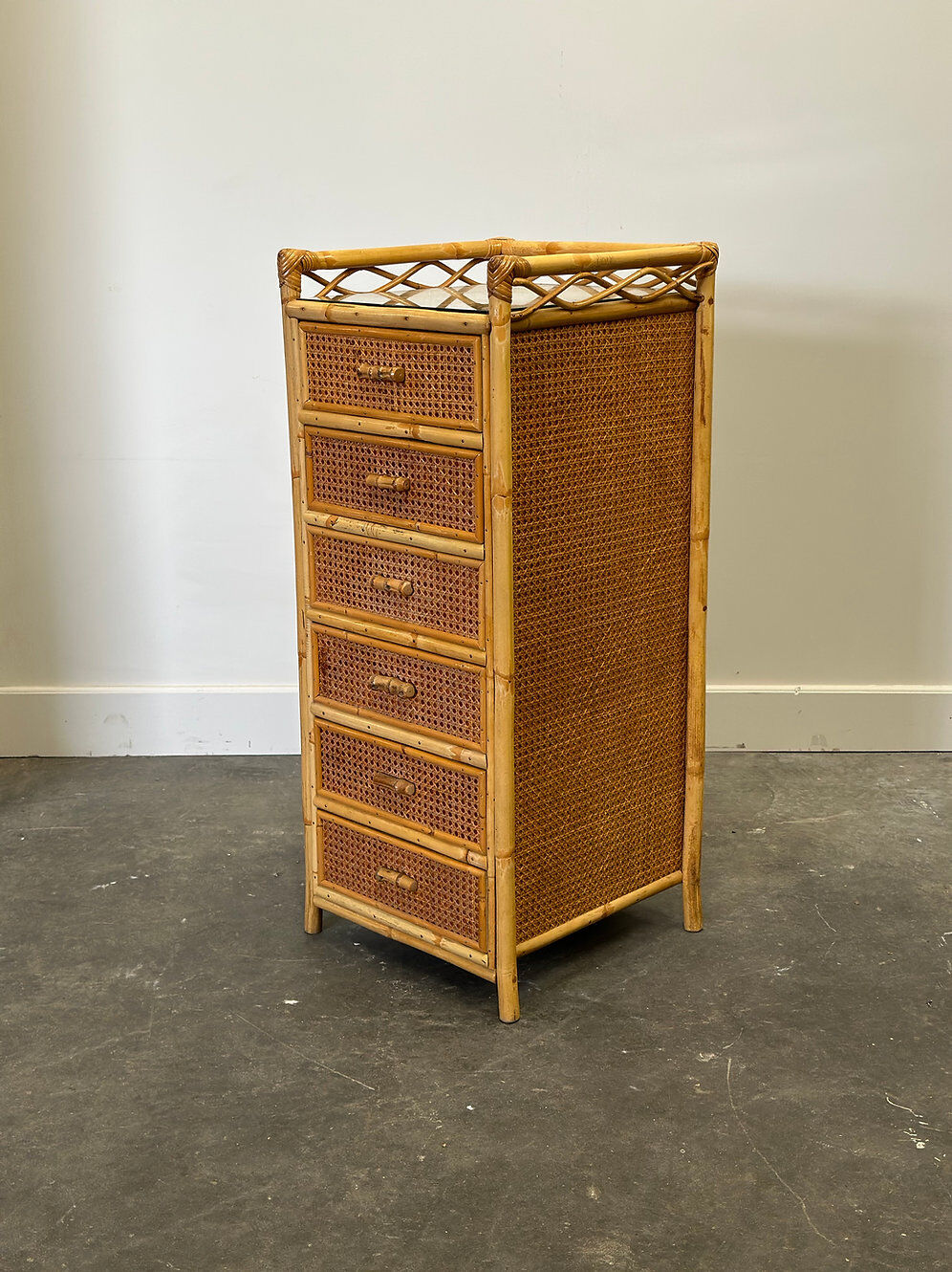 Mid-century rattan highboy / tallboy chest of drawers by Angraves, England, 1970