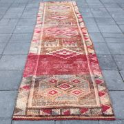 Tapis Couloir Tribal Vintage Rouge, Tapis Turc Géométrique, 75x313 Cm