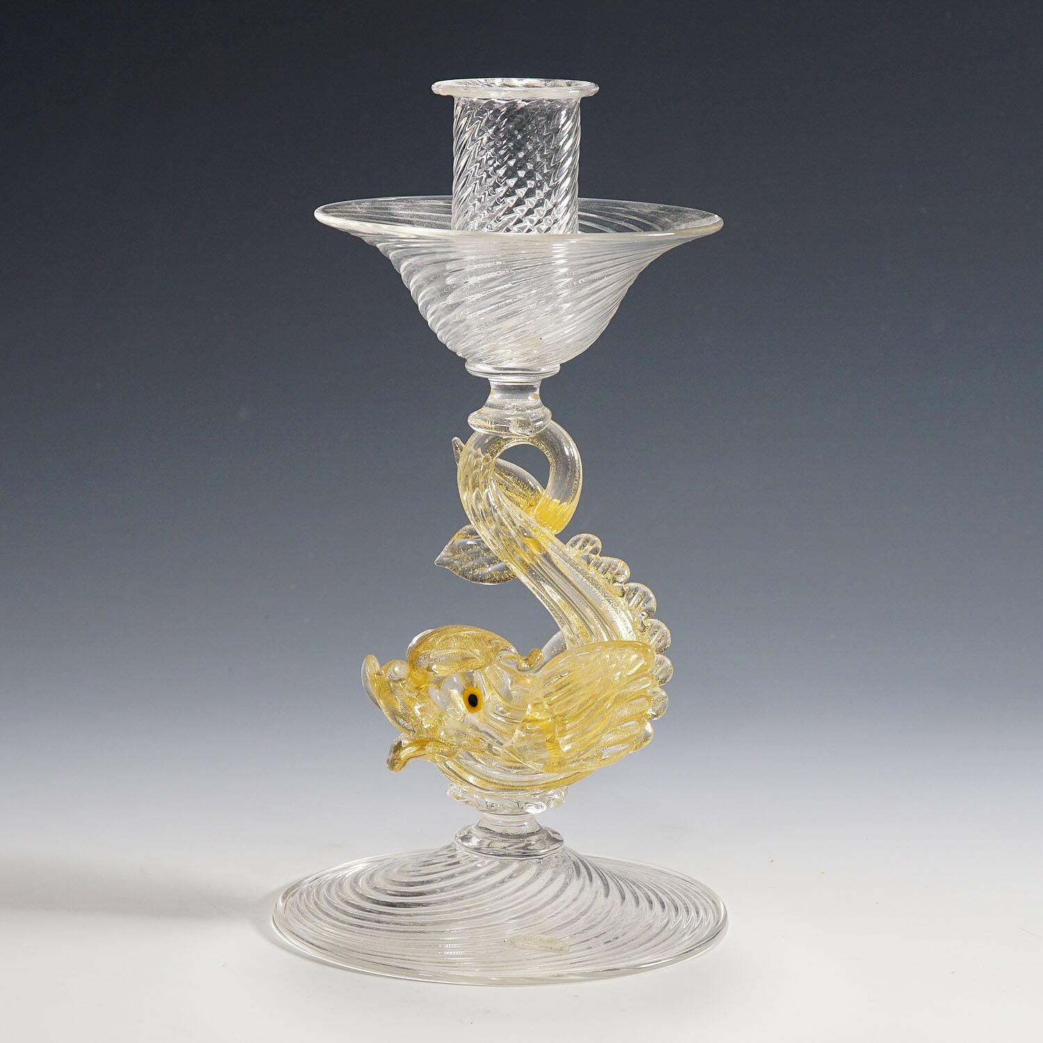 Glass candlestick by Archimede Seguso with dolphin, circa 1960s.