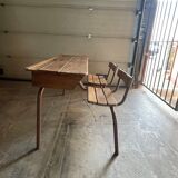 Double wooden desk and brown metal legs