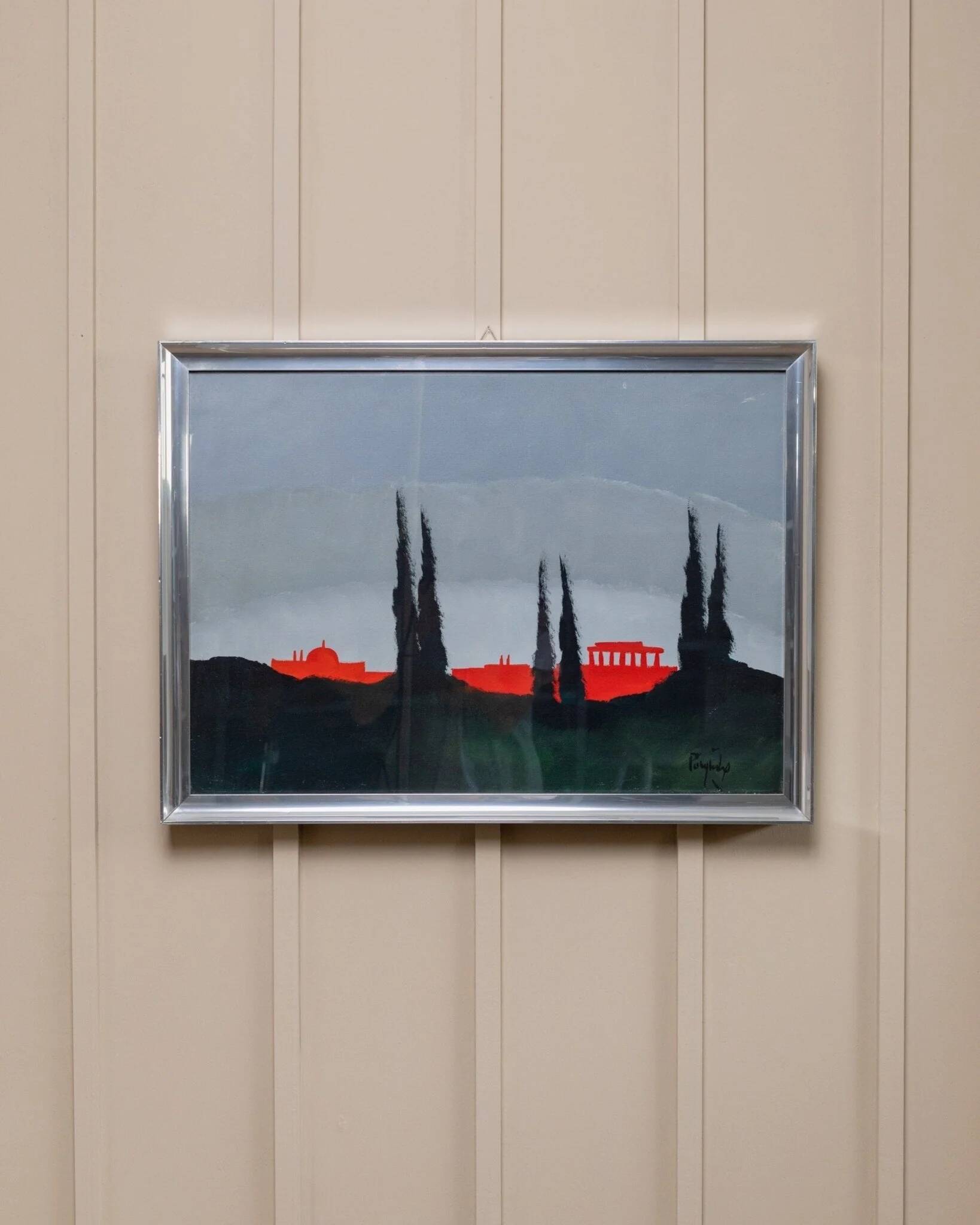 Peinture acrylique bleue sur toile par Vittorio Postiglione - skyline de Rome, cadre argenté, vintage des années 1980.