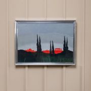 Blue acrylic on canvas painting by Vittorio Postiglione - Rome skyline, silver frame, vintage 1980s