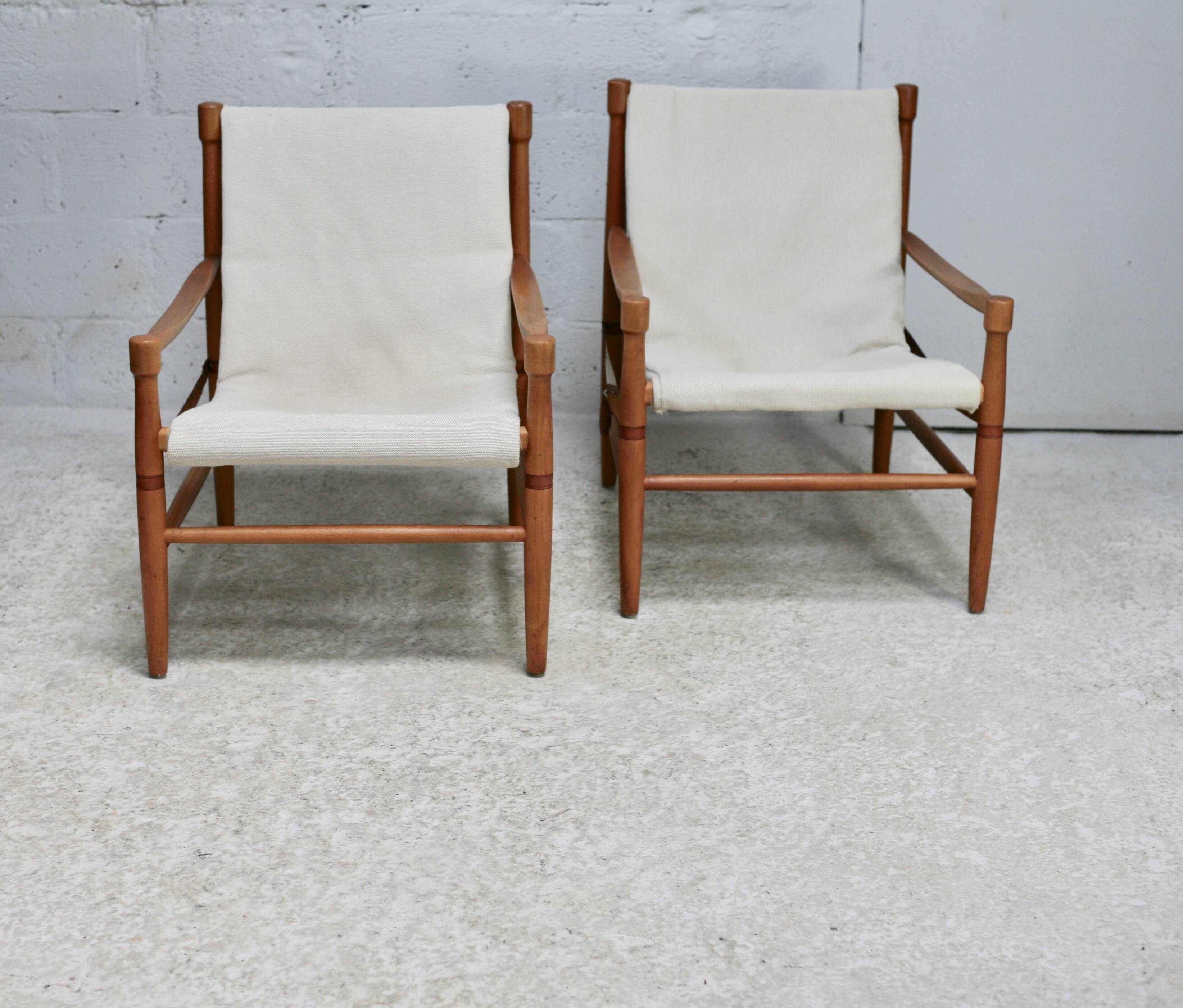 Olav Hodnebo, Suède, Circa 1960: paire de fauteuils scandinaves, toile, bois, corde et cuir.
