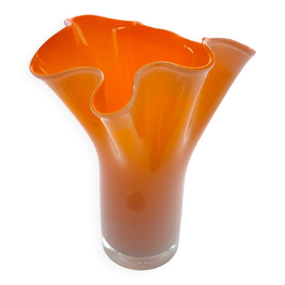 Vase mouchoir Murano, verre soufflé, design des années 60, blanc et orange