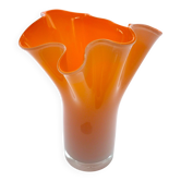 Vase mouchoir Murano, verre soufflé, design des années 60, blanc et orange