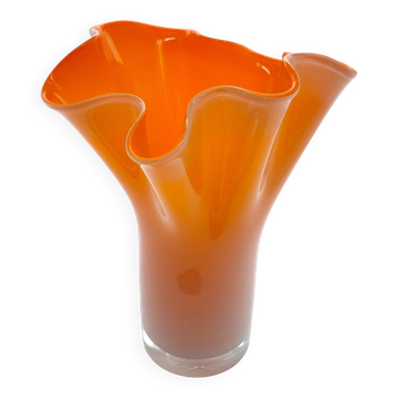 Murano handkerchief vase, blown glass, 1960s design, white and orange.