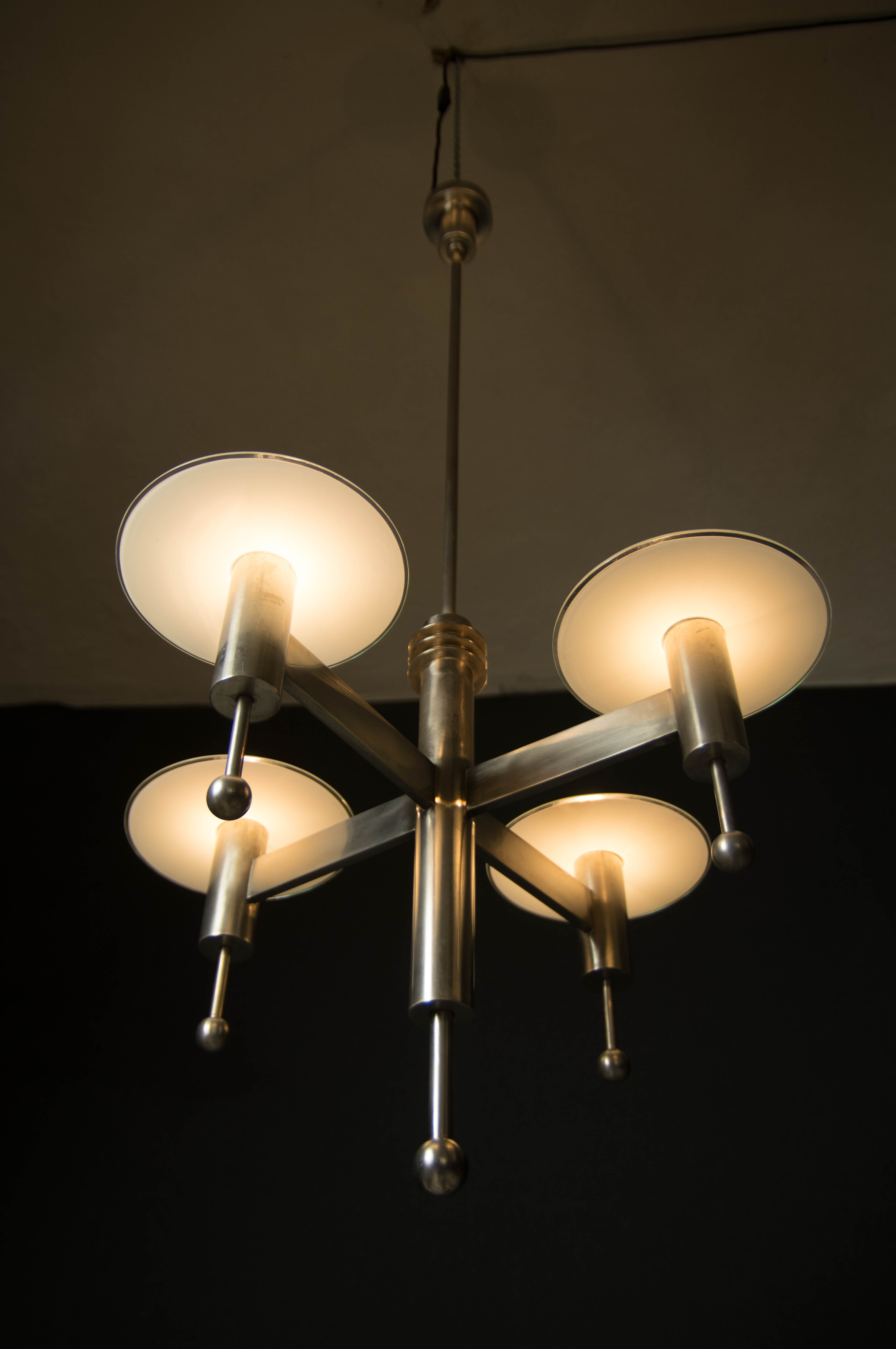 Art Deco or Bauhaus Nickel-plated 4-flamming chandelier, 1920s