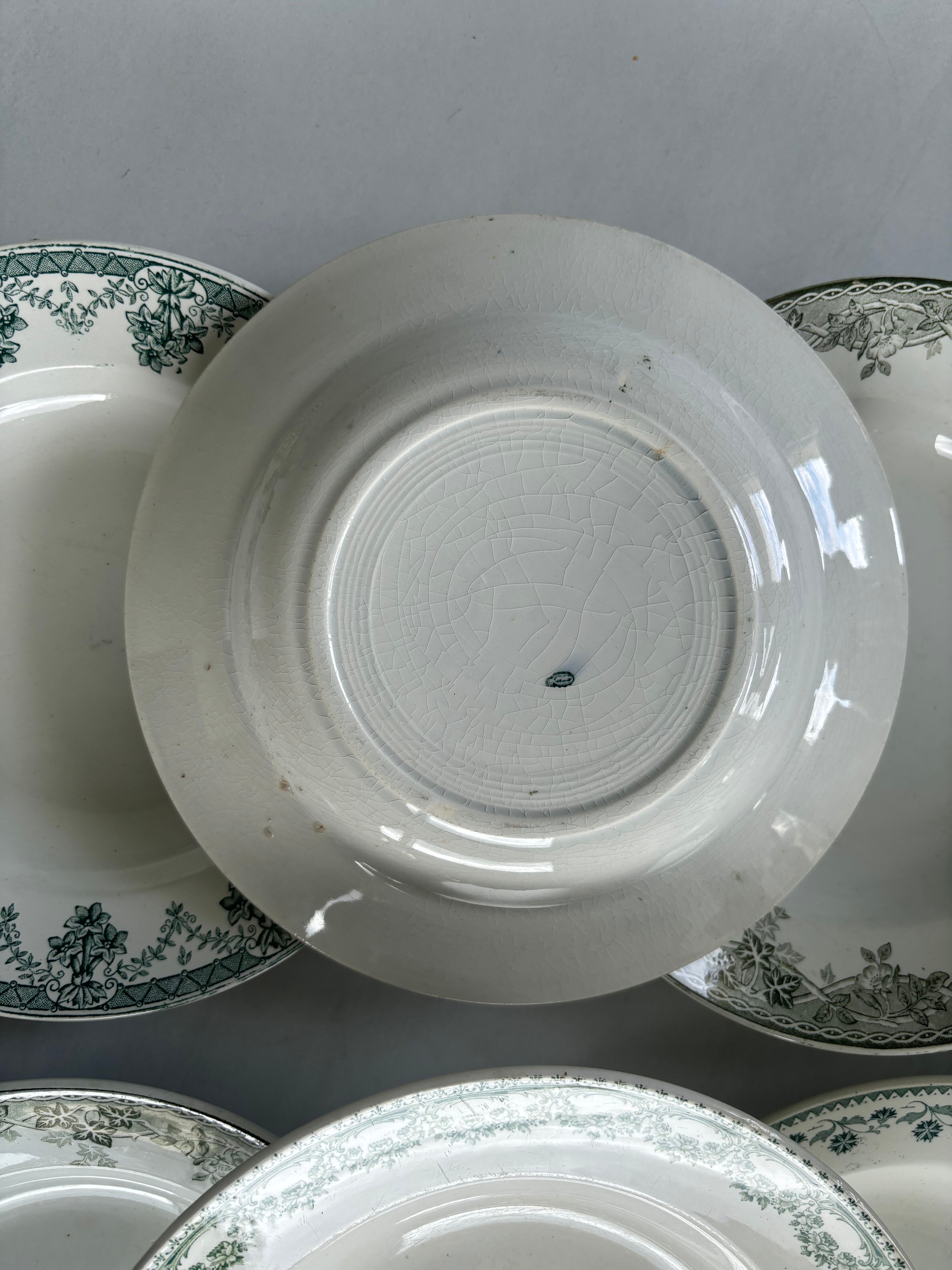 Set of 6 blue and green ironstone deep plates, French earthenware.