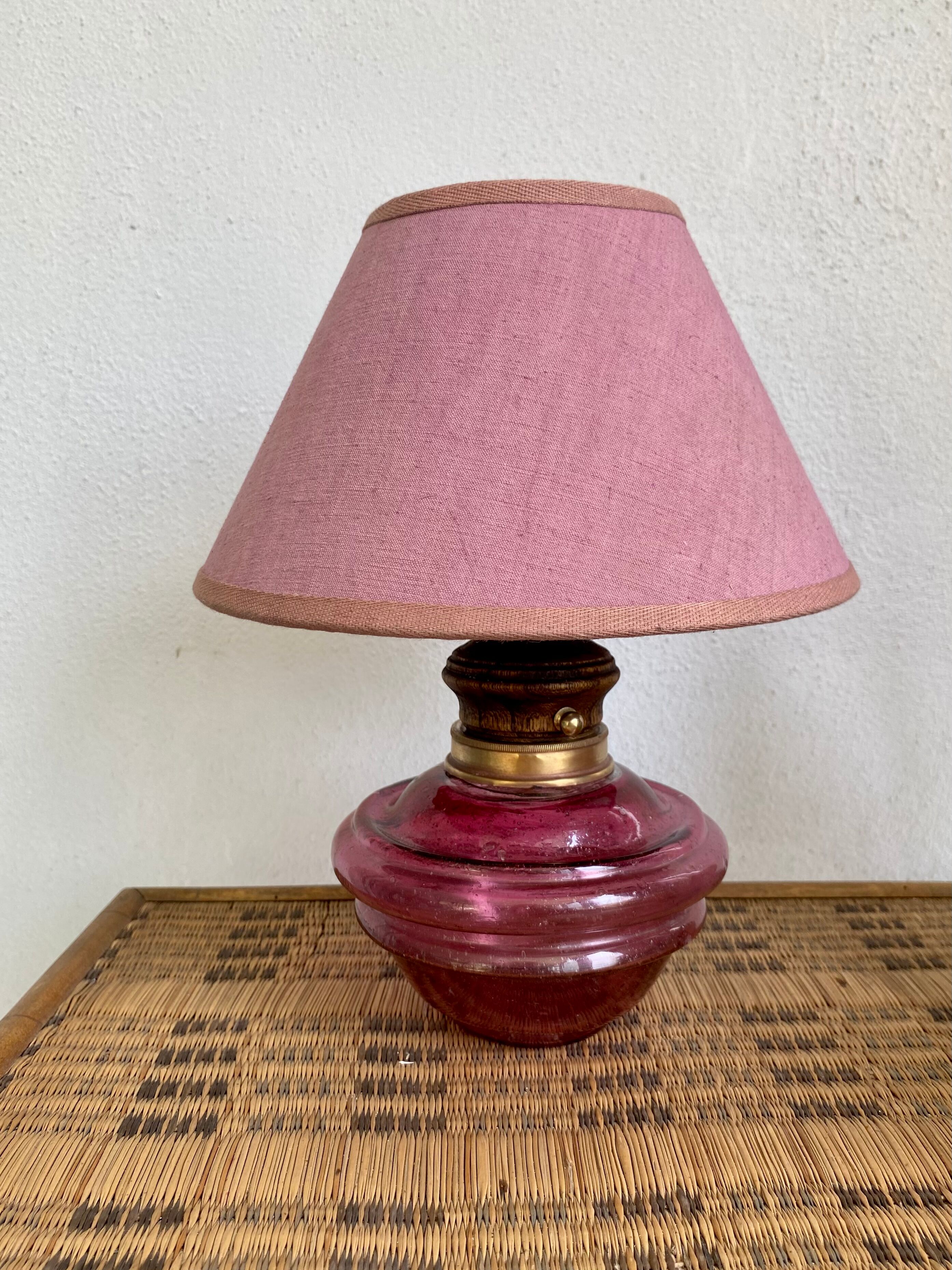 Glass lamp, wood, lampshade, fabric cable 2 m