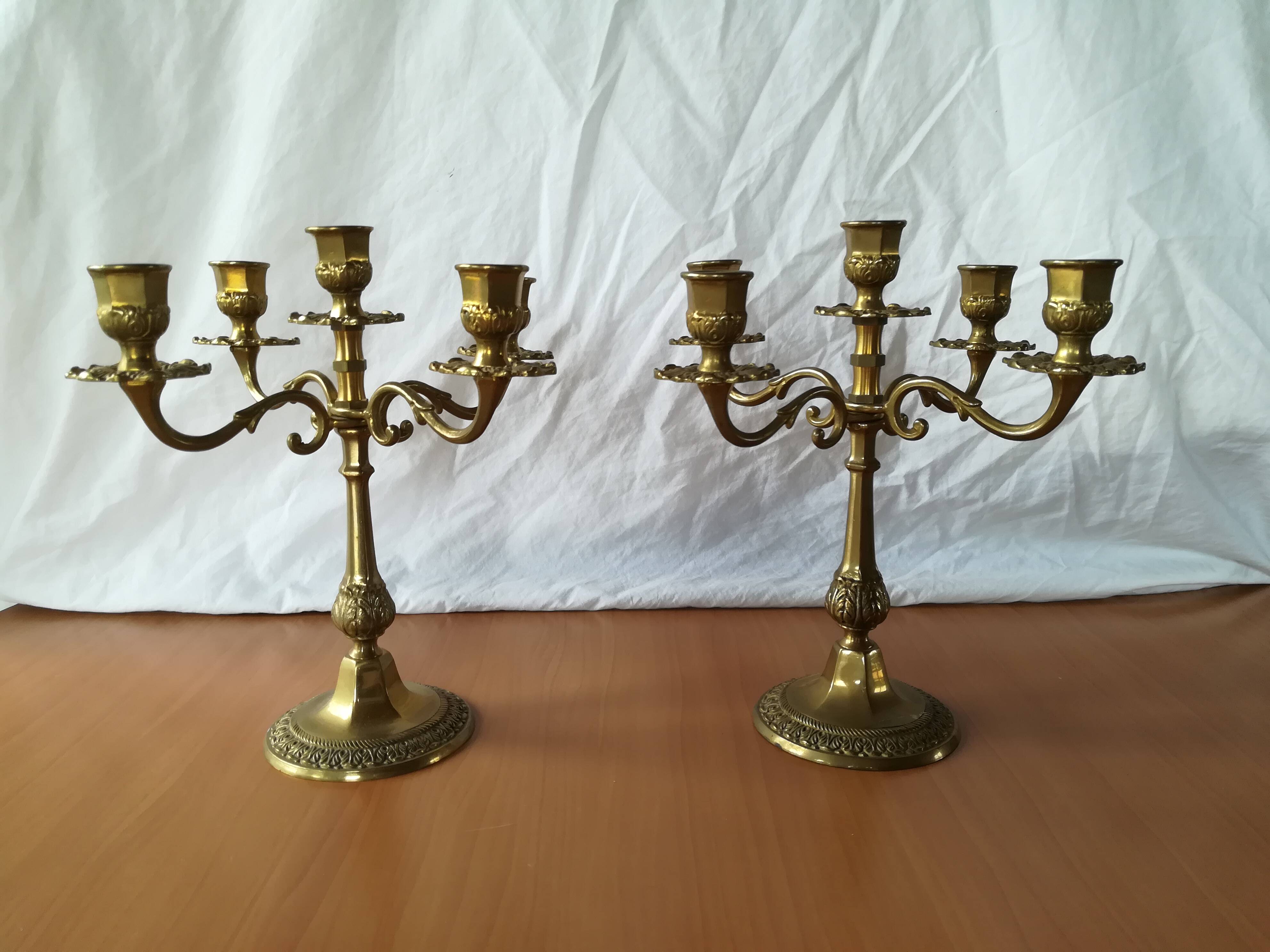 Pair of 5-light brass candelabra candlesticks, 20th century