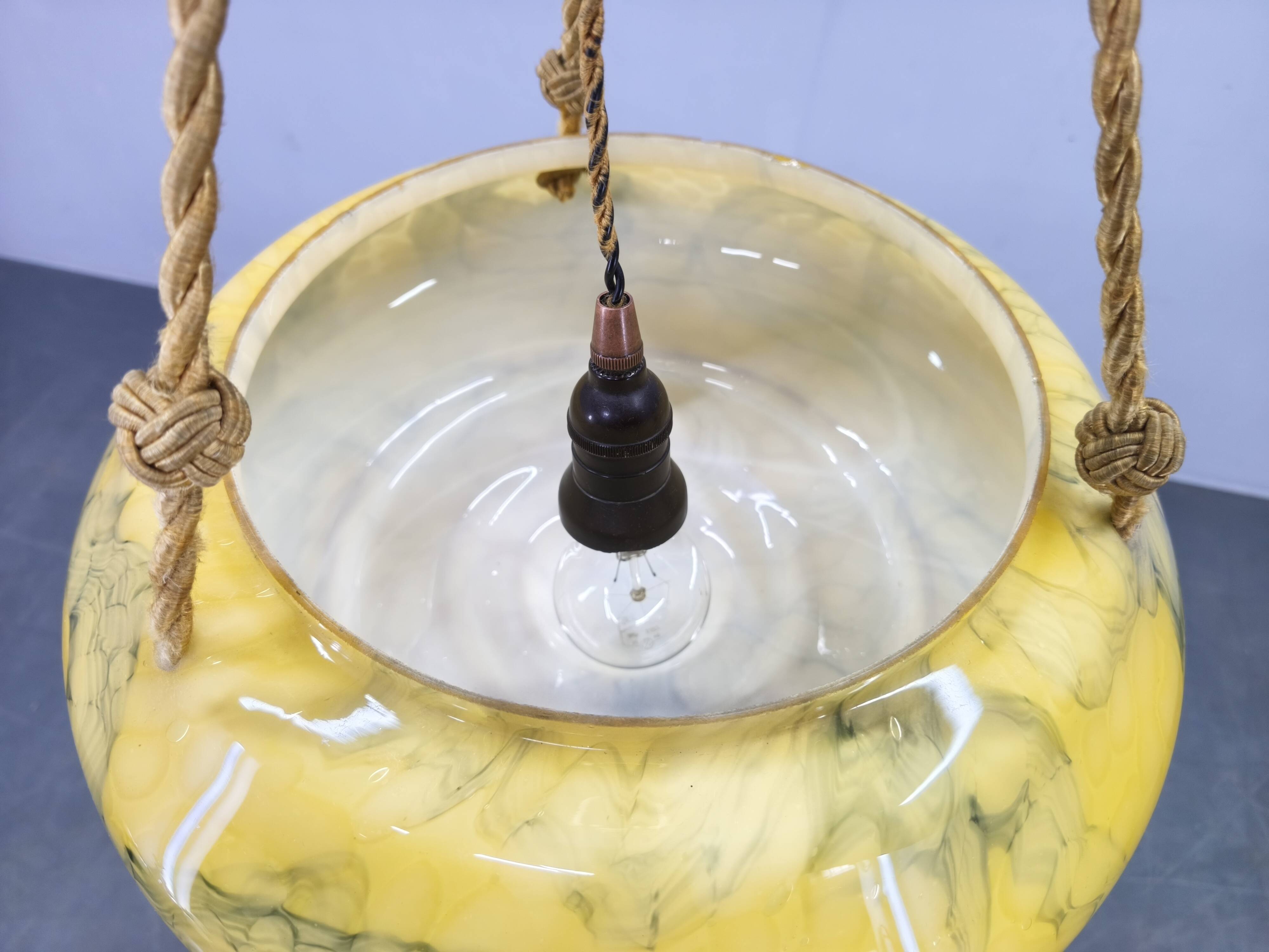 Art Deco Pendant Light, Marbled Glass and Brass, 1930s
