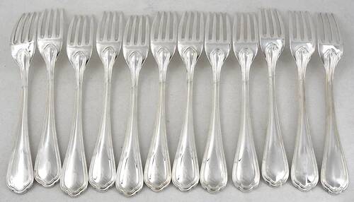 Christofle Spatours 12 table forks, 20.7 cm, silver-plated metal in perfect condition.