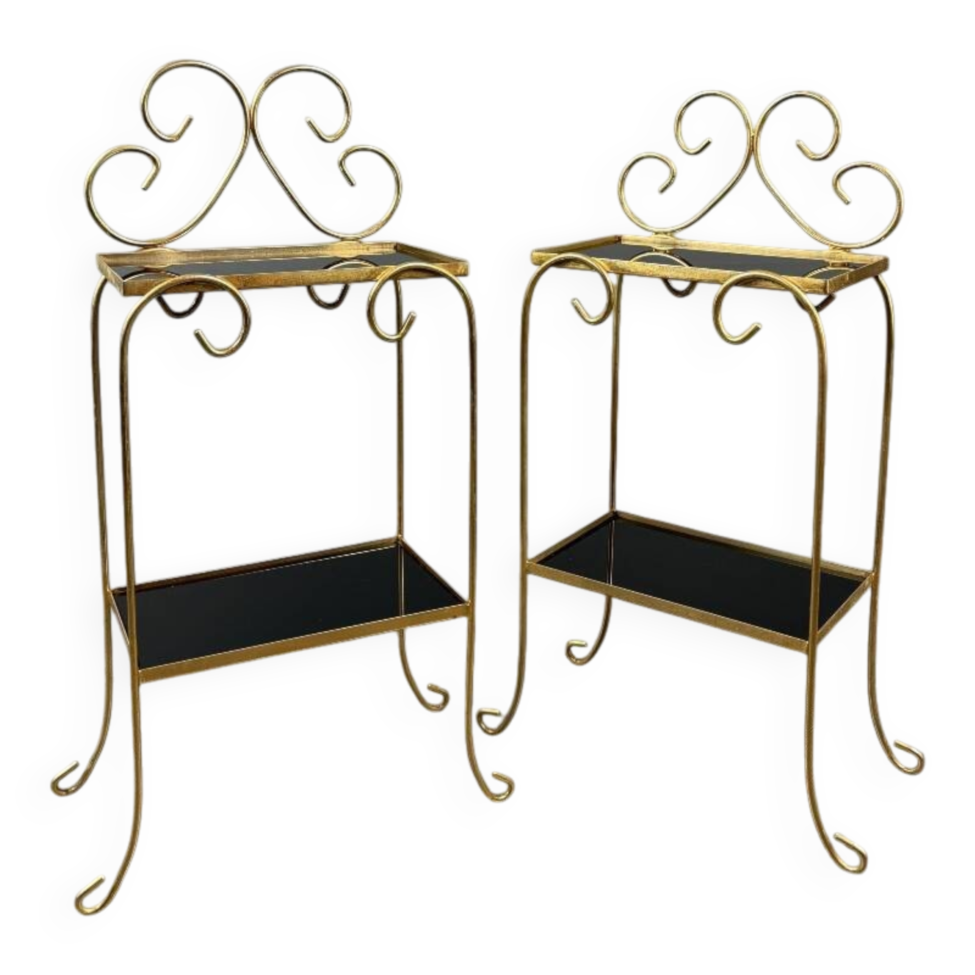 Pair of vintage side tables in gilt metal, with glazed ceramic tops