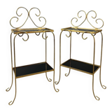 Pair of vintage side tables in gilt metal, with glazed ceramic tops