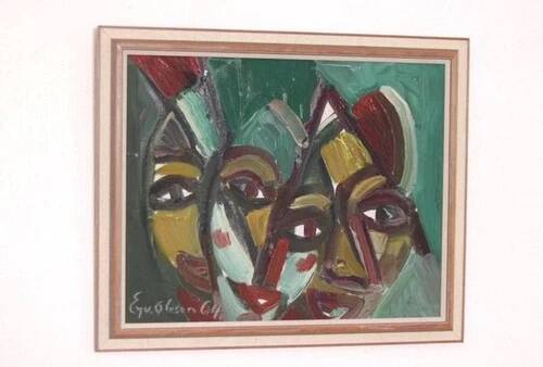 Original Swedish Oil on Canvas “Faces” by Eyvind Olesen Vintage & Framed