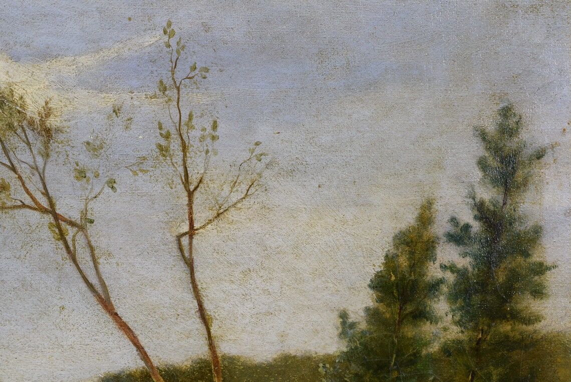 Old painting french pastoral school boat