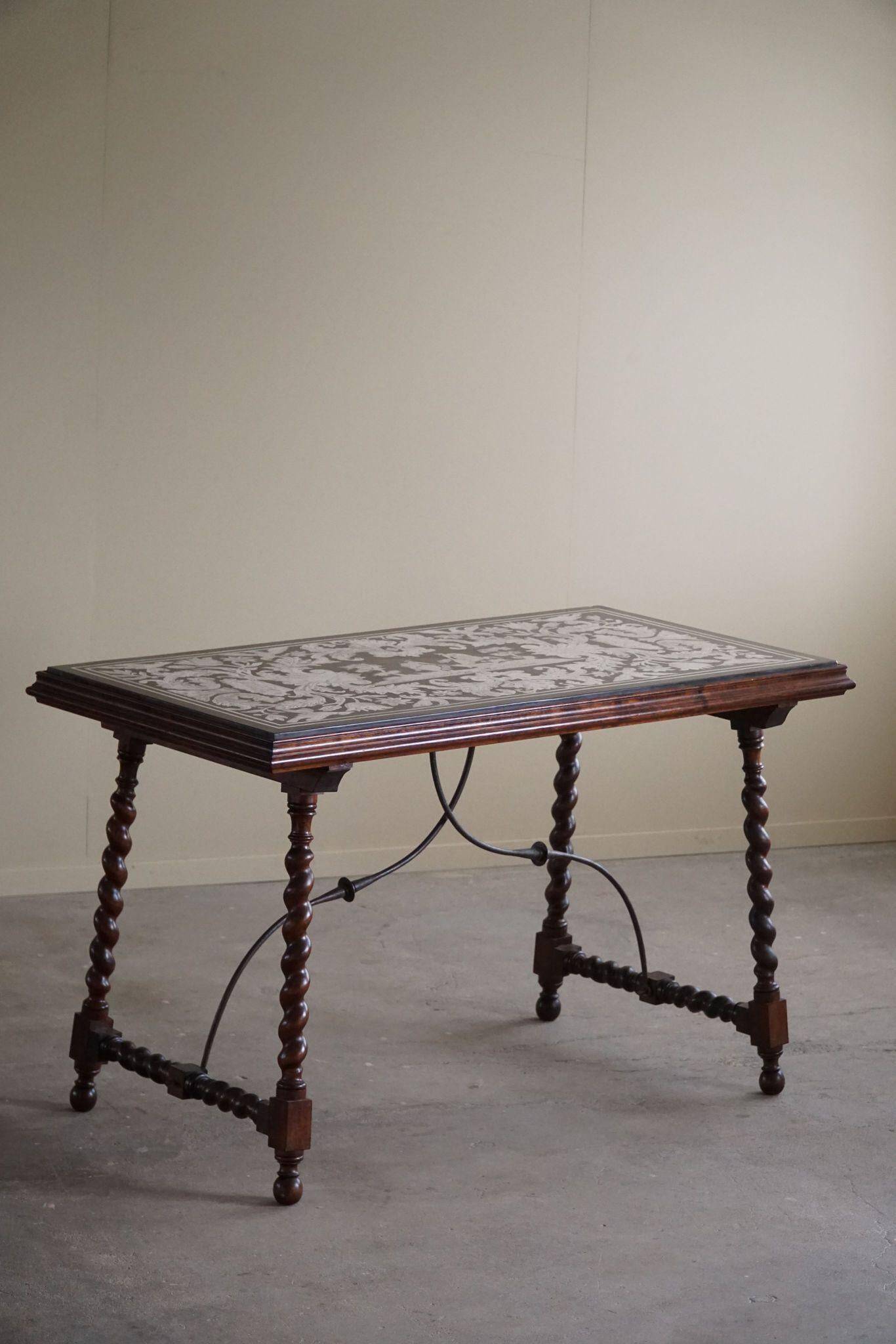 Antique Italian desk table, walnut and marble, Naples, 19th century.