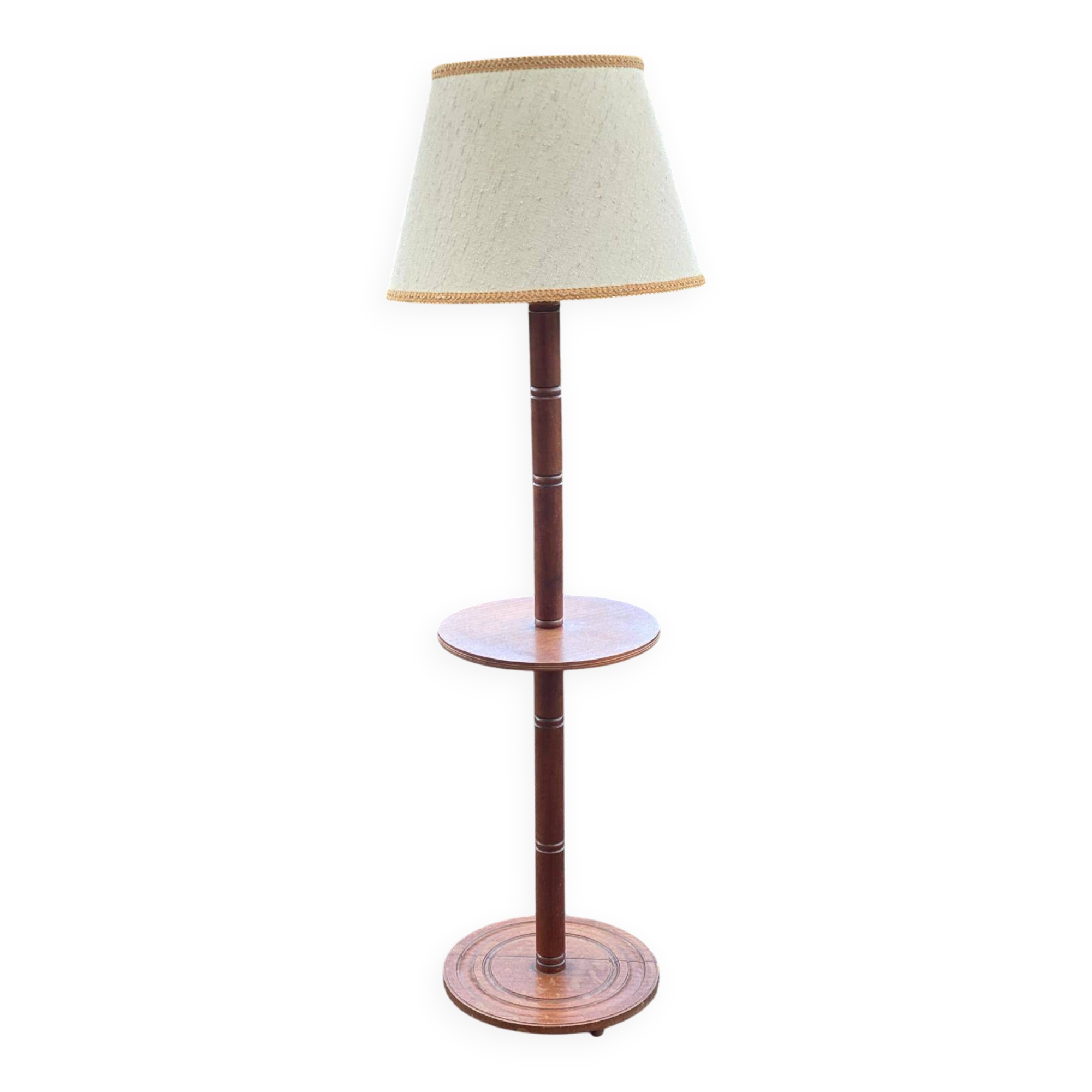 Art Deco floor lamp with wooden shelf and beige lampshade