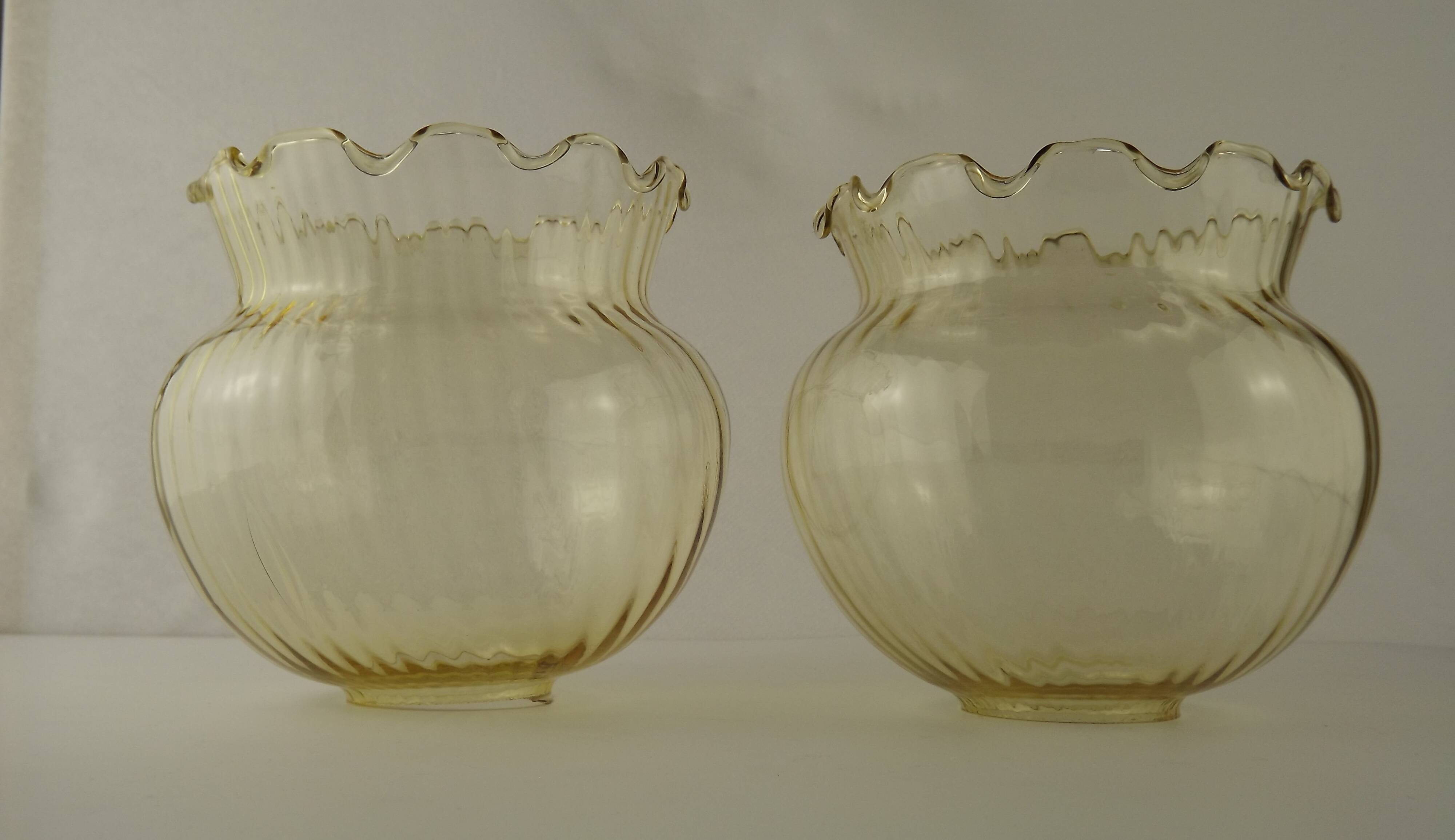 Set of 2 Vintage French Amber Ribbed Effect Glass Shades with Frilled Edge 5595