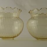 Set of 2 Vintage French Amber Ribbed Effect Glass Shades with Frilled Edge 5595