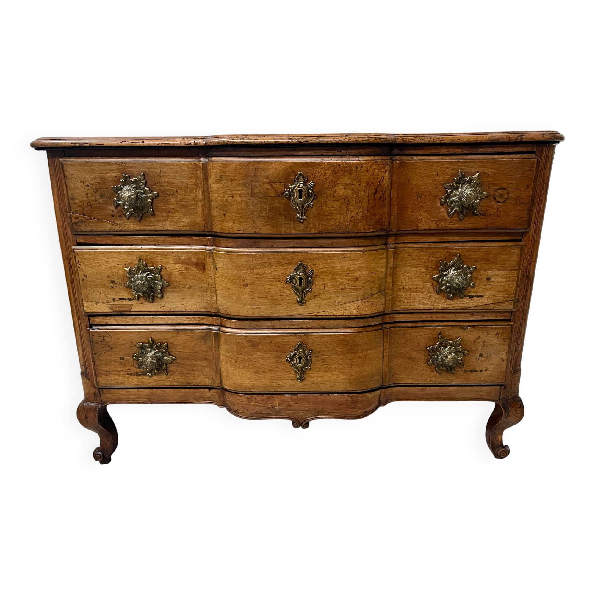 Louis XV commode with three drawers in solid walnut, 18th century