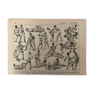 Lithographie gravure sur le jiu-jitsu de 1897