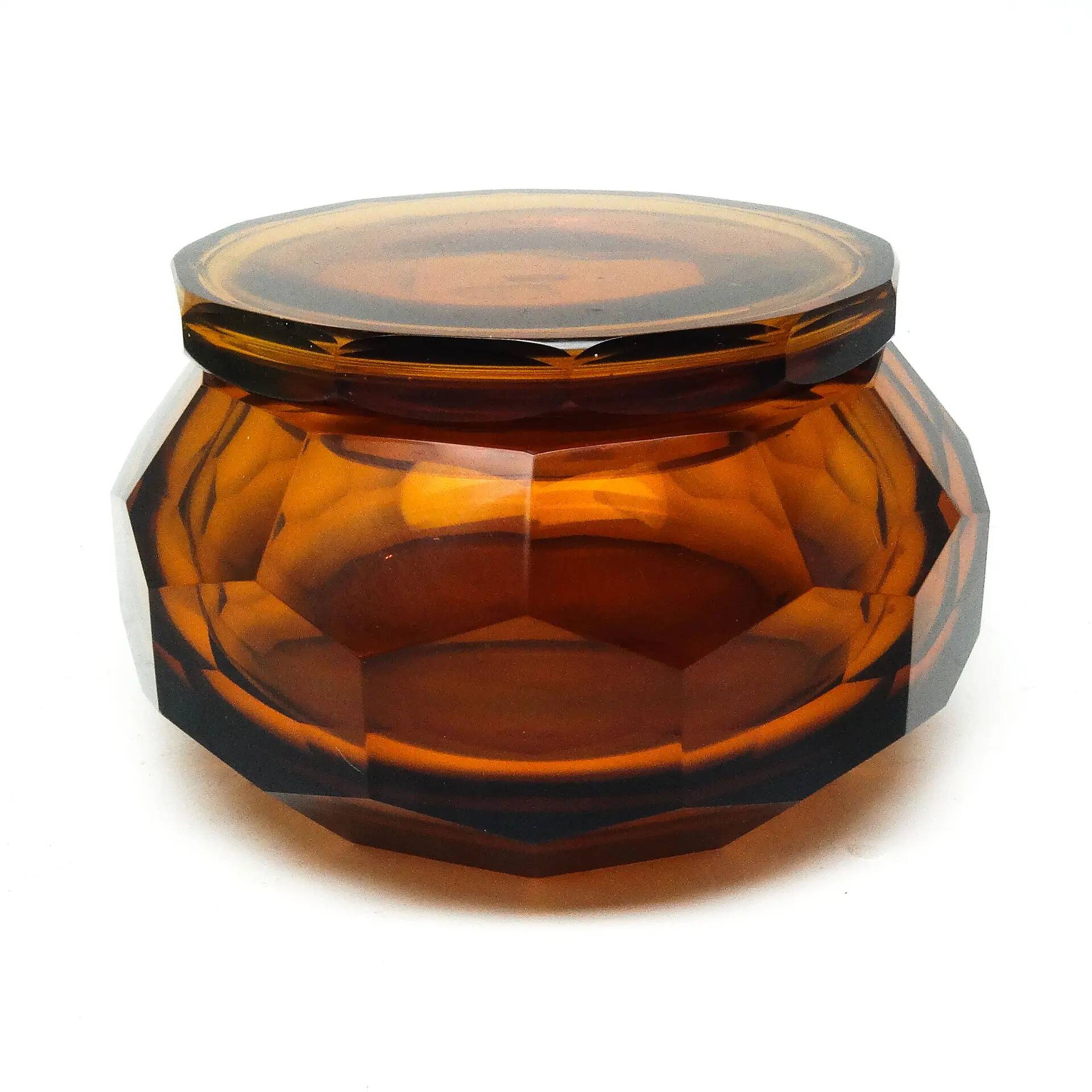 Art Deco bonbonniere, honey crystal, Moser, Czechoslovakia, 1930s