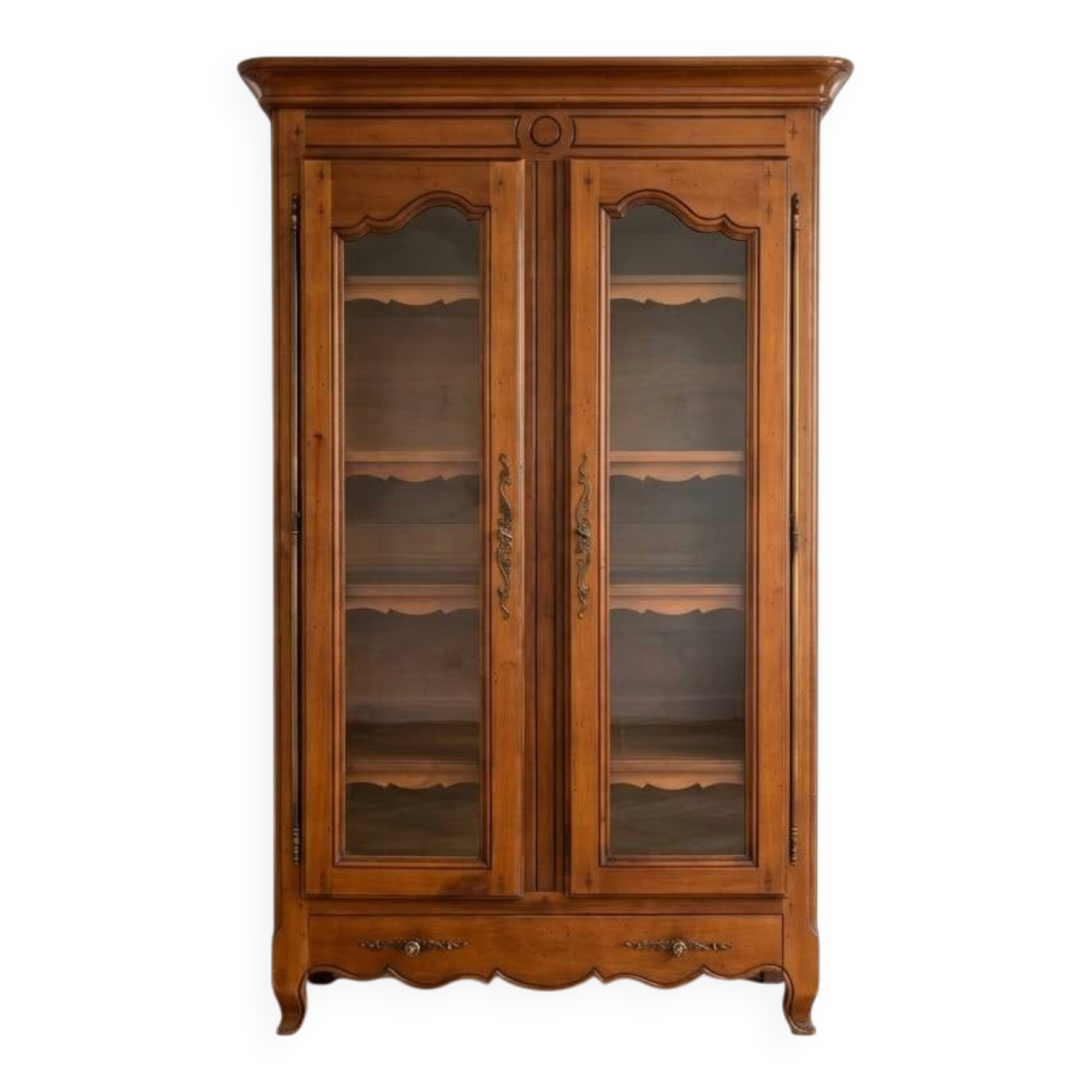 Louis XV style library in cherry wood with glass doors.