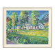 Impressionist painting of a garden with buildings in the background.