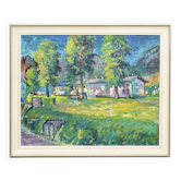 Impressionist painting of a garden with buildings in the background.