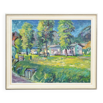Impressionist painting of a garden with buildings in the background.
