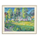 Impressionist painting of a garden with buildings in the background.